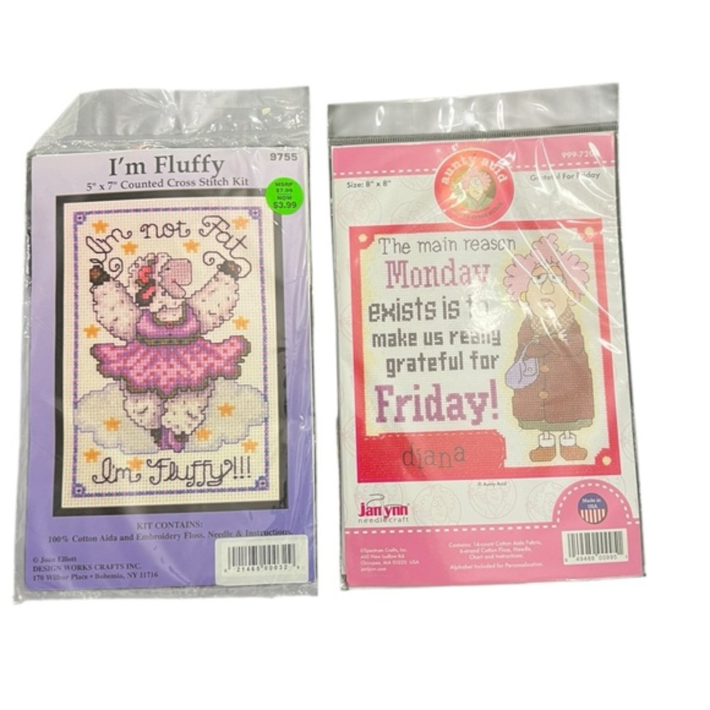 Lot Of 2 Cross Stitch Kits Grateful for‎ Friday | I’m Not Fat I’m Fluffy NIP